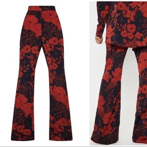 Red Floral Print Wide Leg Pants